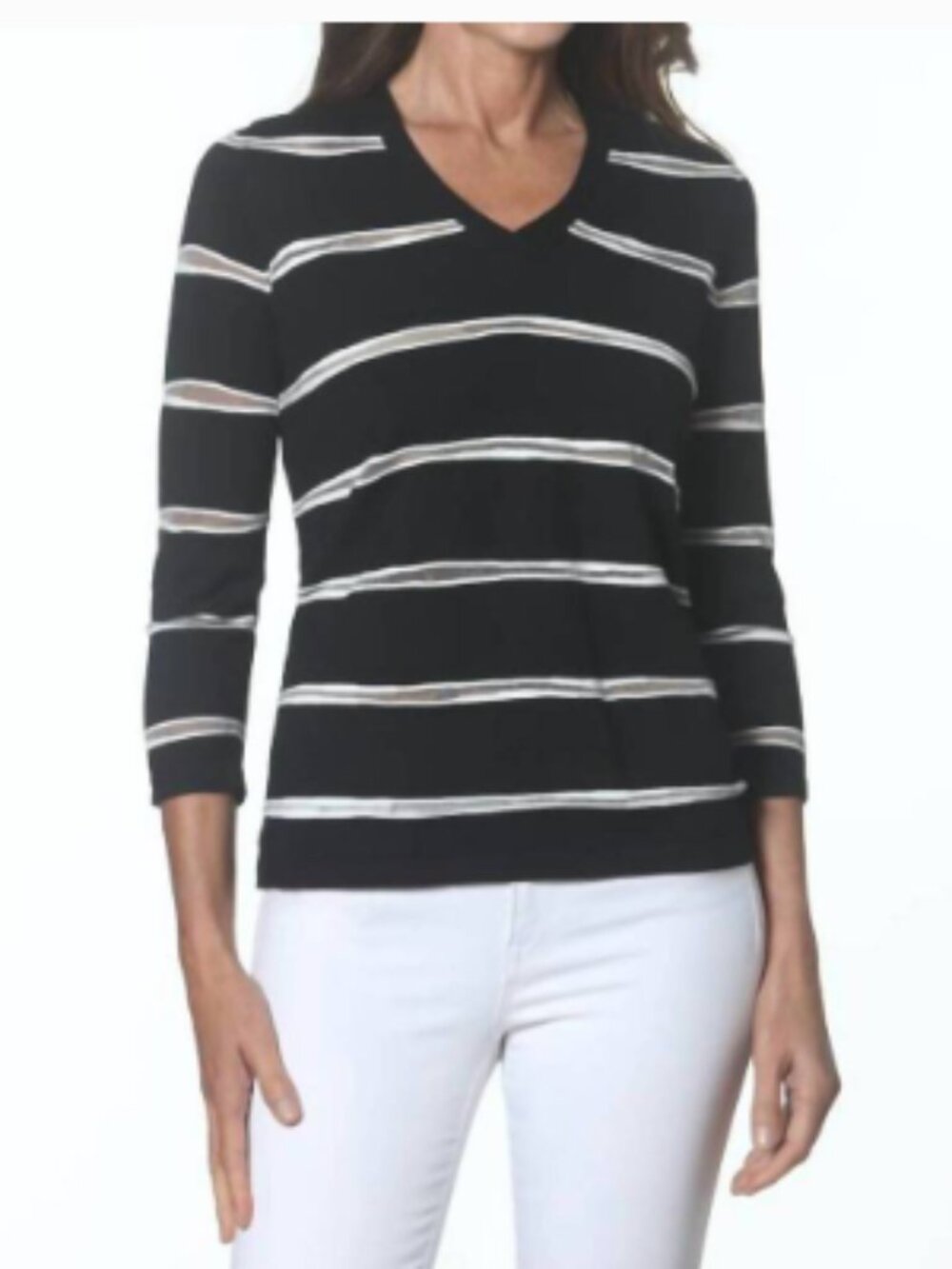 J'Envie New York Black & White Stripe 3/4 Sleeve V-Neck Top